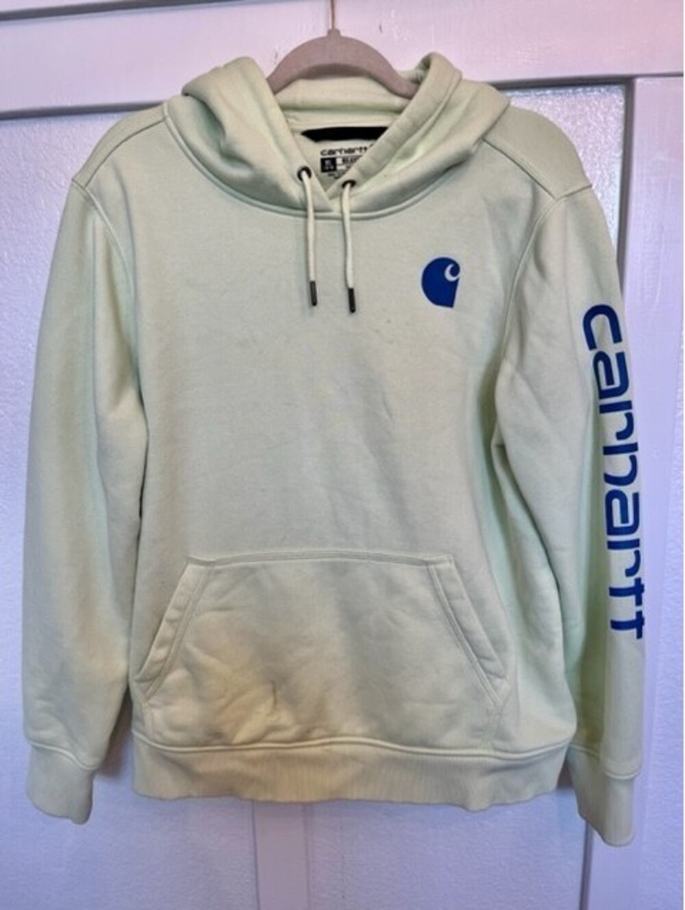Carhartt Women Relaxed Fit Midweight Logo Sleeve Graphic Sweatshirt Sz XL Green.